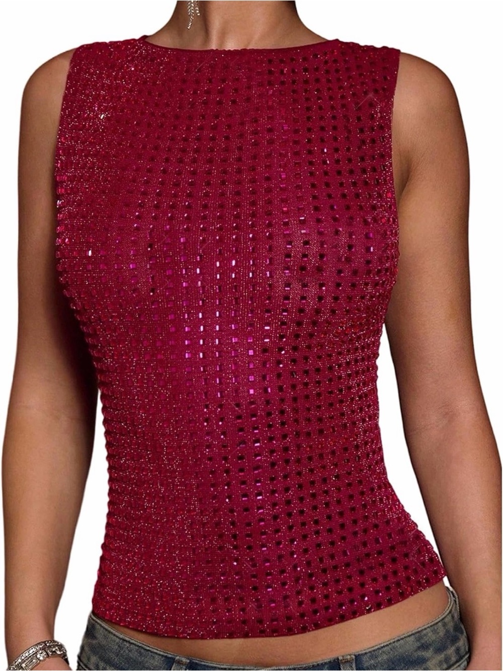 Amazon Women's Sleeveless Sequin Tank Top - Wine Red